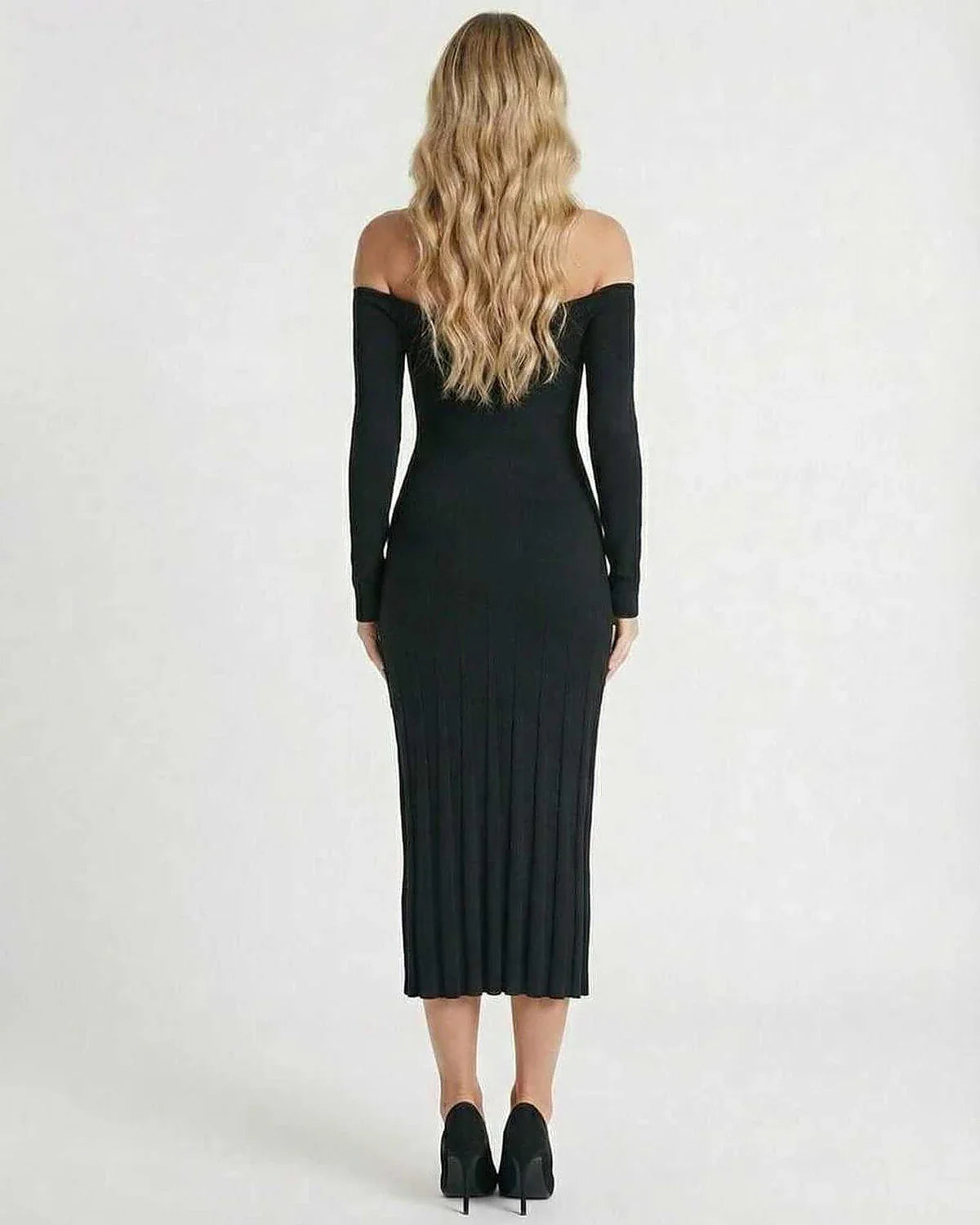 Black Bodycon Boat Neck Long Sleeve Midi Dress | Black-Tie Events & Cocktail Hour, back view | Ramblion | SKU: CMD-738291045-black-L-6691,CMD-738291045-black-M-1988,CMD-738291045-black-S-7276,CMD-738291045-black-XL-7357,CMD-738291045-black-XS-9849