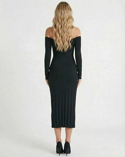 Black Bodycon Boat Neck Long Sleeve Midi Dress | Black-Tie Events & Cocktail Hour, back view | Ramblion | SKU: CMD-738291045-black-L-6691,CMD-738291045-black-M-1988,CMD-738291045-black-S-7276,CMD-738291045-black-XL-7357,CMD-738291045-black-XS-9849