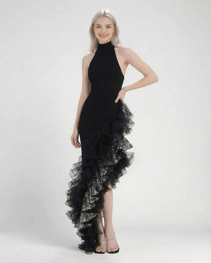 Black Bodycon Halter Sleeveless Maxi Dress | Evening Events, Celebrations, Wedding Guest & Day-to-Night, front view | Ramblio | SKU: MMD-58427-black-L-8539,MMD-58427-black-M-8795,MMD-58427-black-S-4308,MMD-58427-black-XL-9700,MMD-58427-black-XS-2083