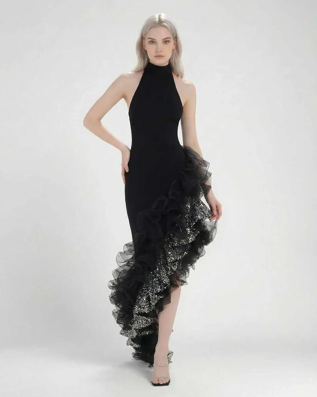 Black Bodycon Halter Sleeveless Maxi Dress | Evening Events, Celebrations, Wedding Guest & Day-to-Night, front view | Ramblio | SKU: MMD-58427-black-L-8539,MMD-58427-black-M-8795,MMD-58427-black-S-4308,MMD-58427-black-XL-9700,MMD-58427-black-XS-2083