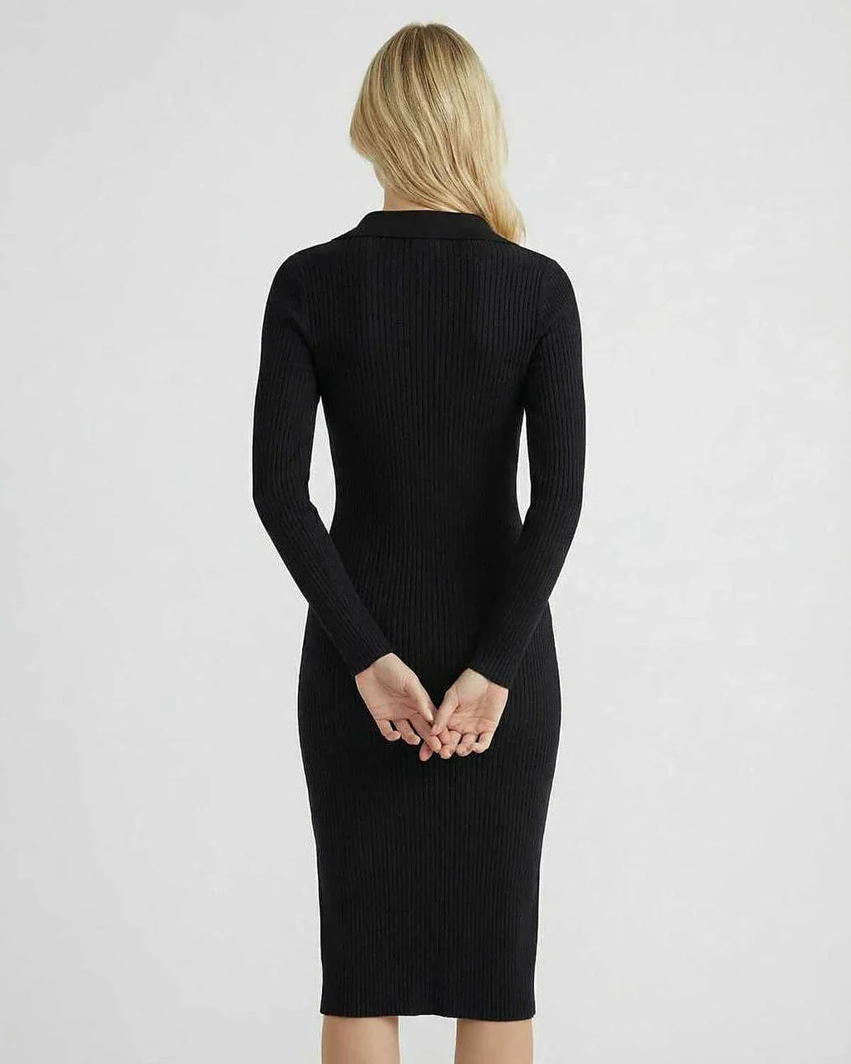 Black Bodycon Round Neck Long Sleeve Midi Dress | Formal Occasions, Party Nights & Casual Wear, back view | Ramblion | SKU: MMD-48291-black-L-9942,MMD-48291-black-M-1258,MMD-48291-black-S-2796,MMD-48291-black-XL-3138,MMD-48291-black-XS-8266