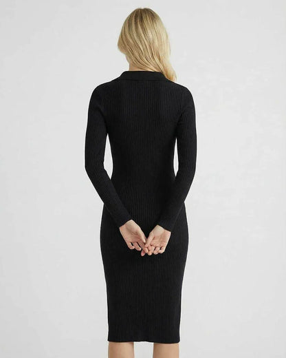 Black Bodycon Round Neck Long Sleeve Midi Dress | Formal Occasions, Party Nights & Casual Wear, back view | Ramblion | SKU: MMD-48291-black-L-9942,MMD-48291-black-M-1258,MMD-48291-black-S-2796,MMD-48291-black-XL-3138,MMD-48291-black-XS-8266