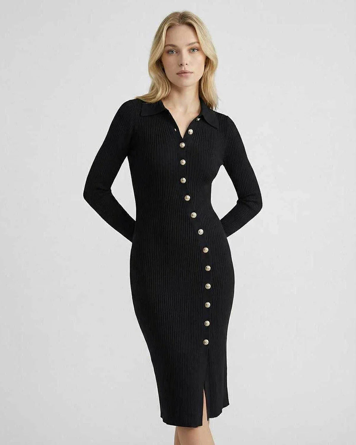 Black Bodycon Round Neck Long Sleeve Midi Dress | Formal Occasions, Party Nights & Casual Wear, front view | Ramblion | SKU: MMD-48291-black-L-9942,MMD-48291-black-M-1258,MMD-48291-black-S-2796,MMD-48291-black-XL-3138,MMD-48291-black-XS-8266