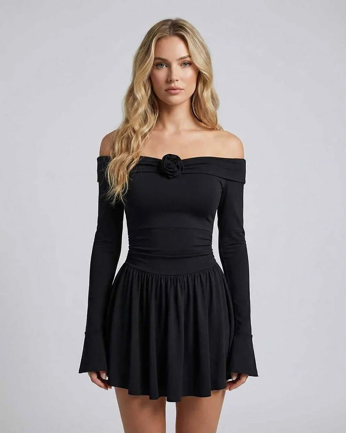 Black Bodycon Round Neck Long Sleeve Mini Dress | Gala Nights, Celebrations & Casual Wear, front view | Ramblion | SKU: LMD-57392-black-L-7083,LMD-57392-black-M-208,LMD-57392-black-S-4198,LMD-57392-black-XL-4205,LMD-57392-black-XS-3389