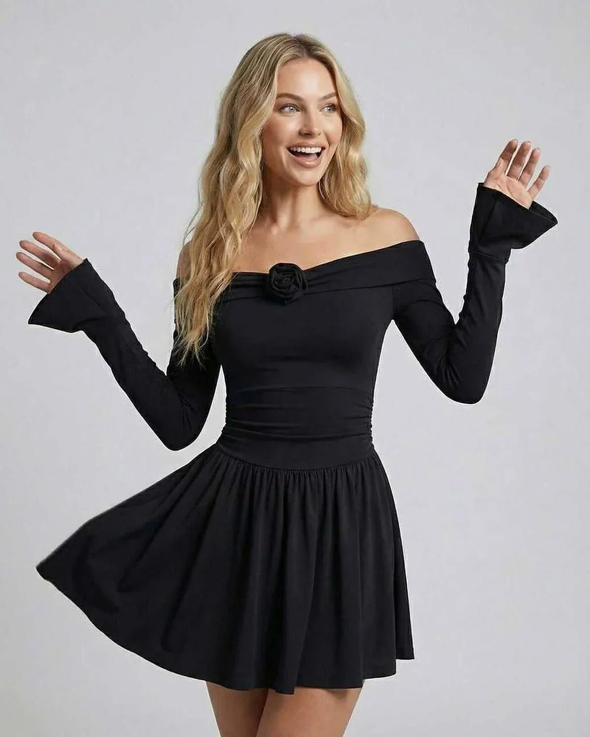 Black Bodycon Round Neck Long Sleeve Mini Dress | Gala Nights, Celebrations & Casual Wear, front view | Ramblion | SKU: LMD-57392-black-L-7083,LMD-57392-black-M-208,LMD-57392-black-S-4198,LMD-57392-black-XL-4205,LMD-57392-black-XS-3389