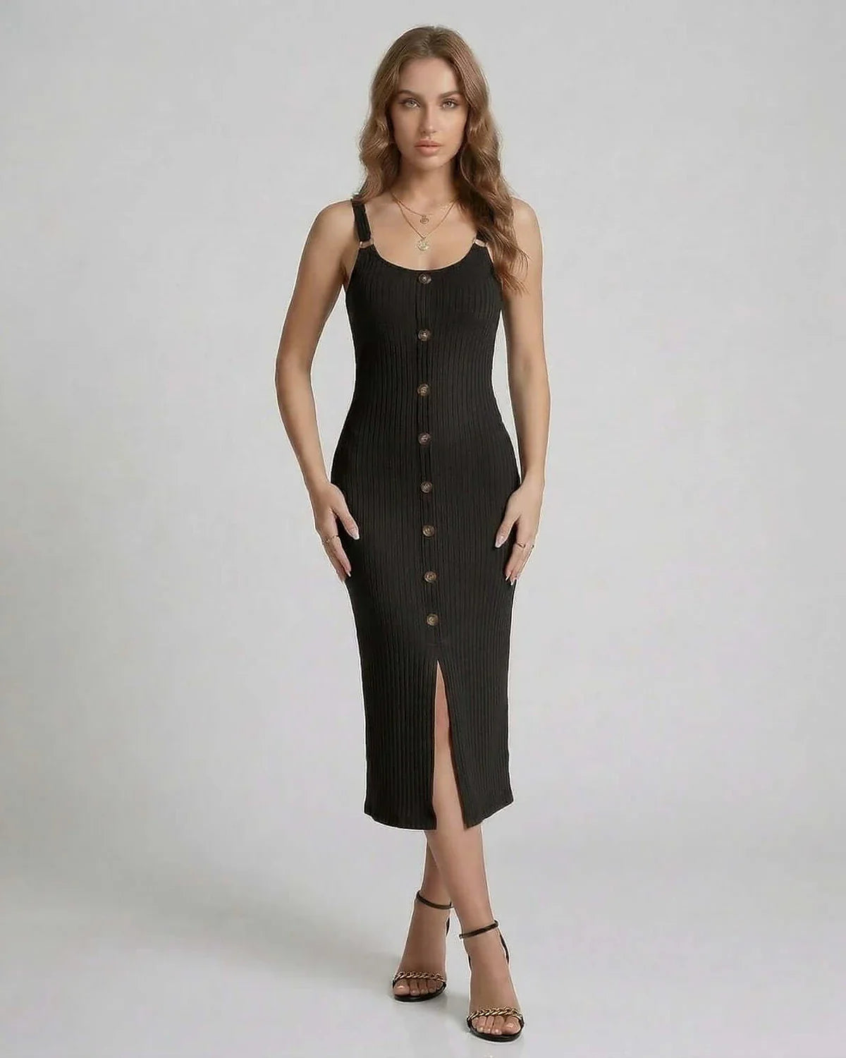 Black Bodycon Round Neck Sleeveless Midi Dress | Formal Occasions, Guest of Wedding & Weekend Wear, front view | Ramblion | SKU: NMD-735184902-black-L-4409,NMD-735184902-black-M-6141,NMD-735184902-black-S-1309,NMD-735184902-black-XL-9329,NMD-735184902-black-XS-7773