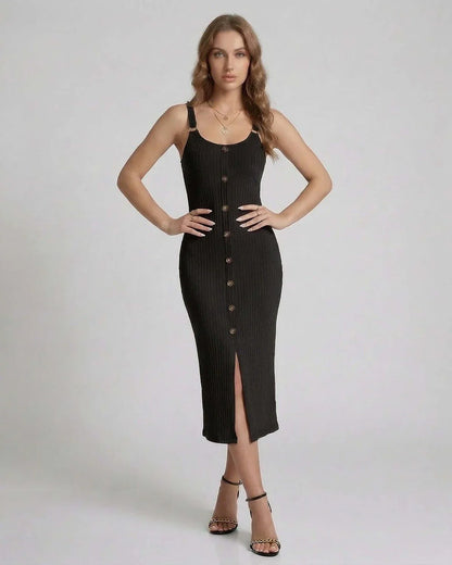 Black Bodycon Round Neck Sleeveless Midi Dress | Formal Occasions, Guest of Wedding & Weekend Wear, front view | Ramblion | SKU: NMD-735184902-black-L-4409,NMD-735184902-black-M-6141,NMD-735184902-black-S-1309,NMD-735184902-black-XL-9329,NMD-735184902-black-XS-7773