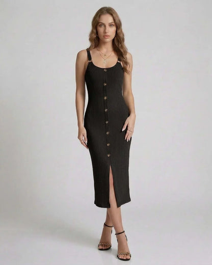 Black Bodycon Round Neck Sleeveless Midi Dress | Formal Occasions, Guest of Wedding & Weekend Wear, front view | Ramblion | SKU: NMD-735184902-black-L-4409,NMD-735184902-black-M-6141,NMD-735184902-black-S-1309,NMD-735184902-black-XL-9329,NMD-735184902-black-XS-7773