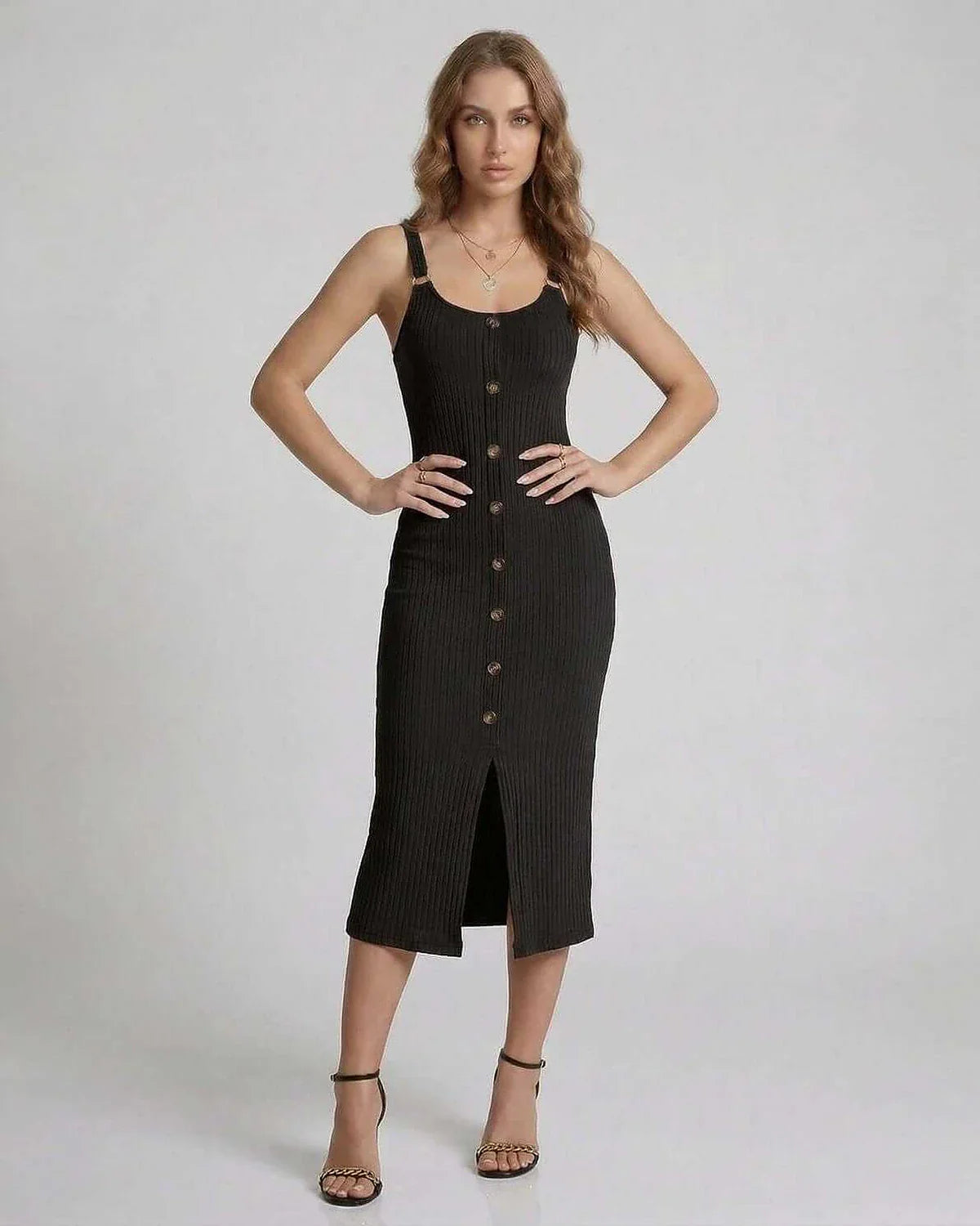 Black Bodycon Round Neck Sleeveless Midi Dress | Formal Occasions, Guest of Wedding & Weekend Wear, front view | Ramblion | SKU: NMD-735184902-black-L-4409,NMD-735184902-black-M-6141,NMD-735184902-black-S-1309,NMD-735184902-black-XL-9329,NMD-735184902-black-XS-7773