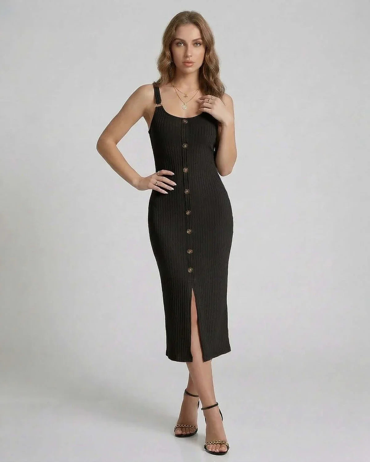 Black Bodycon Round Neck Sleeveless Midi Dress | Formal Occasions, Guest of Wedding & Weekend Wear, front view | Ramblion | SKU: NMD-735184902-black-L-4409,NMD-735184902-black-M-6141,NMD-735184902-black-S-1309,NMD-735184902-black-XL-9329,NMD-735184902-black-XS-7773