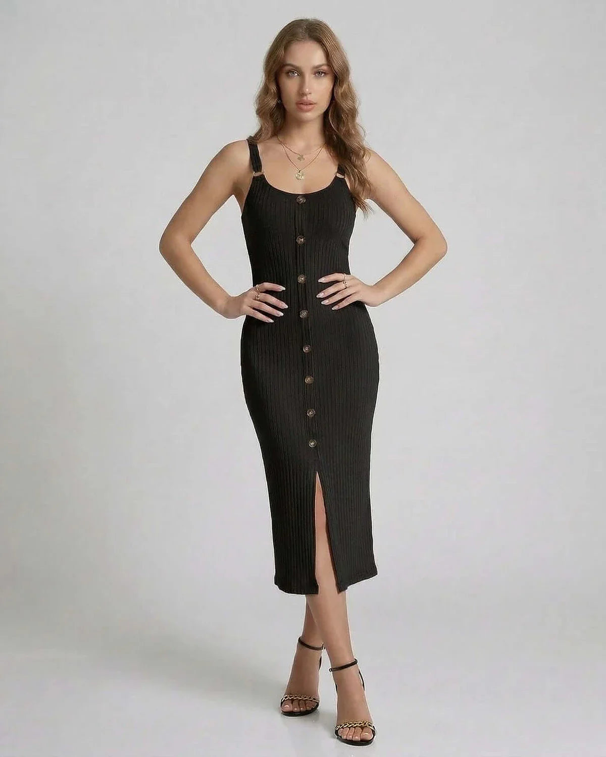 Black Bodycon Round Neck Sleeveless Midi Dress | Formal Occasions, Guest of Wedding & Weekend Wear, front view | Ramblion | SKU: NMD-735184902-black-L-4409,NMD-735184902-black-M-6141,NMD-735184902-black-S-1309,NMD-735184902-black-XL-9329,NMD-735184902-black-XS-7773