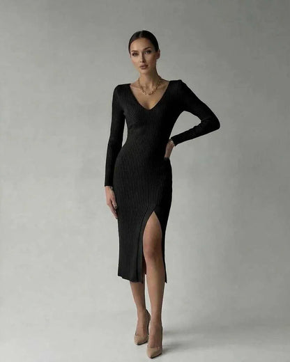 Black Bodycon V-Neck Long Sleeve Midi Dress | Guest of Wedding, front view | Ramblion | SKU: LMD-582047391-black-L-9896,LMD-582047391-black-M-5361,LMD-582047391-black-S-1577,LMD-582047391-black-XL-1657,LMD-582047391-black-XS-8884
