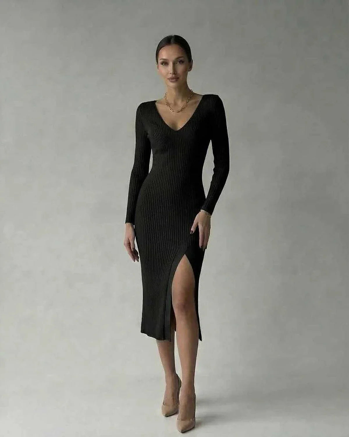 Black Bodycon V-Neck Long Sleeve Midi Dress | Guest of Wedding, front view | Ramblion | SKU: LMD-582047391-black-L-9896,LMD-582047391-black-M-5361,LMD-582047391-black-S-1577,LMD-582047391-black-XL-1657,LMD-582047391-black-XS-8884