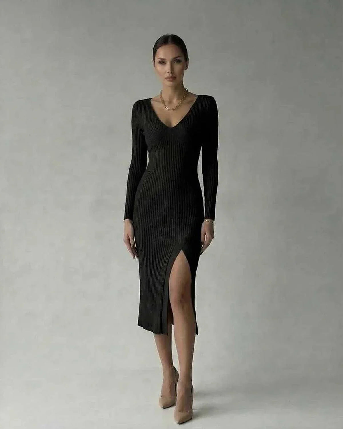 Black Bodycon V-Neck Long Sleeve Midi Dress | Guest of Wedding, front view | Ramblion | SKU: LMD-582047391-black-L-9896,LMD-582047391-black-M-5361,LMD-582047391-black-S-1577,LMD-582047391-black-XL-1657,LMD-582047391-black-XS-8884