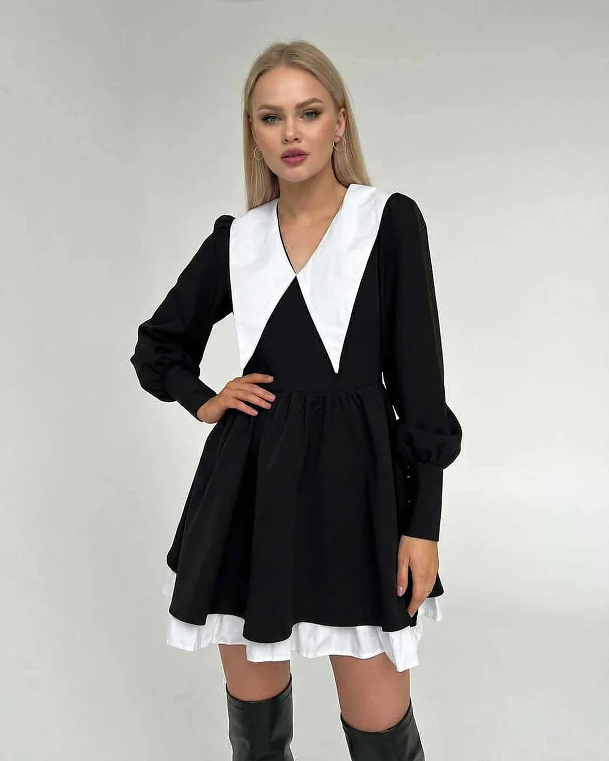 Black Bodycon V-Neck Long Sleeve Mini Dress | Guest of Wedding, front view | Ramblion | SKU: VMD-82457-black-L-837,VMD-82457-black-M-1002,VMD-82457-black-S-2329,VMD-82457-black-XL-5912,VMD-82457-black-XS-4671