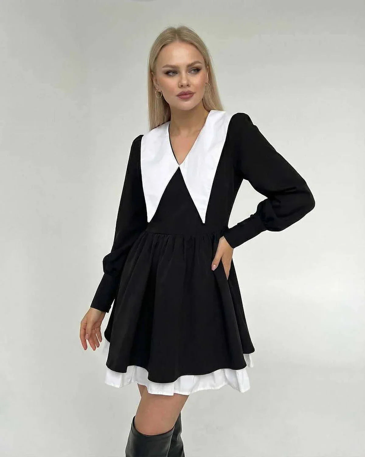 Black Bodycon V-Neck Long Sleeve Mini Dress | Guest of Wedding, front view | Ramblion | SKU: VMD-82457-black-L-837,VMD-82457-black-M-1002,VMD-82457-black-S-2329,VMD-82457-black-XL-5912,VMD-82457-black-XS-4671
