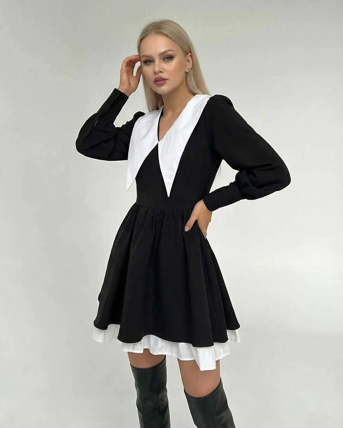 Black Bodycon V-Neck Long Sleeve Mini Dress | Guest of Wedding, front view | Ramblion | SKU: VMD-82457-black-L-837,VMD-82457-black-M-1002,VMD-82457-black-S-2329,VMD-82457-black-XL-5912,VMD-82457-black-XS-4671