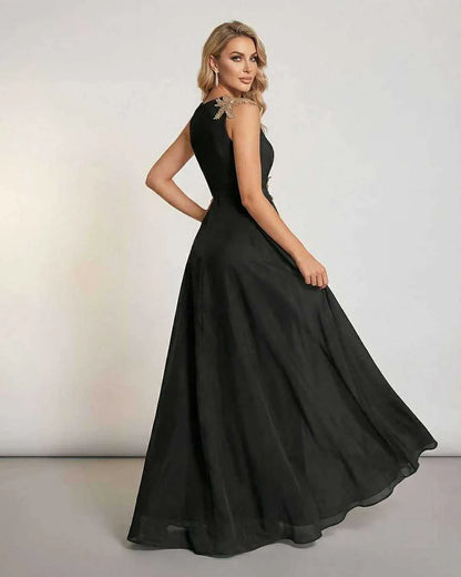 Black Chiffon A-Line Round Neck Sleeveless Maxi Dress | Prom, Guest of Wedding & Brunch, side view | Ramblion | SKU: CMD-58421-black-L-7195-1123,CMD-58421-black-M-5707-4149,CMD-58421-black-S-7031-4965,CMD-58421-black-XL-5859-2249,CMD-58421-black-XS-9994-9748
