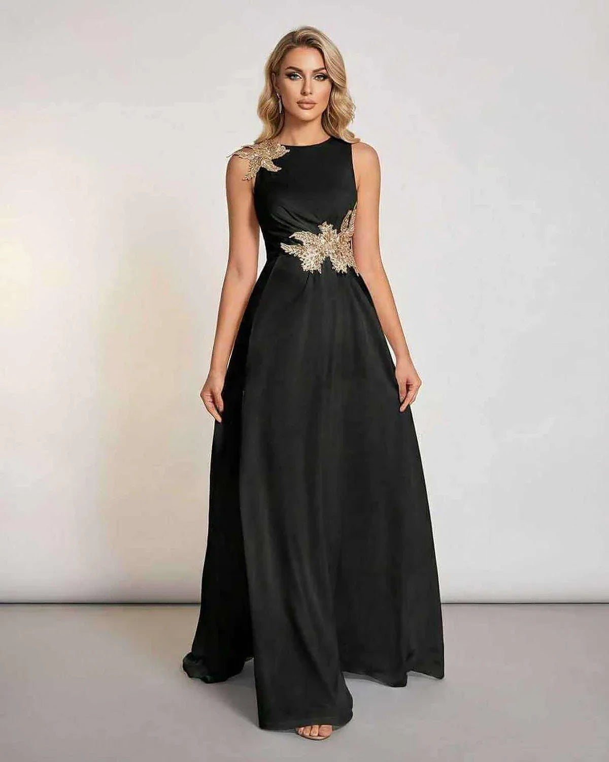Black Chiffon A-Line Round Neck Sleeveless Maxi Dress | Prom, Guest of Wedding & Brunch, front view | Ramblion | SKU: CMD-58421-black-L-7195-1123,CMD-58421-black-M-5707-4149,CMD-58421-black-S-7031-4965,CMD-58421-black-XL-5859-2249,CMD-58421-black-XS-9994-9748