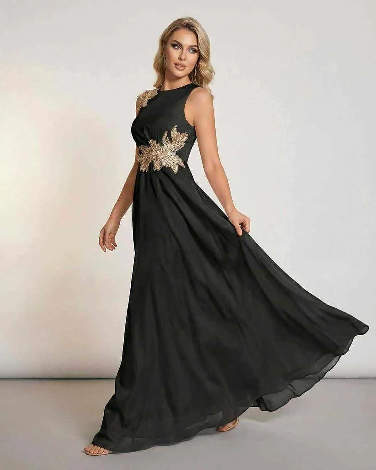 Black Chiffon A-Line Round Neck Sleeveless Maxi Dress | Prom, Guest of Wedding & Brunch, side view | Ramblion | SKU: CMD-58421-black-L-7195-1123,CMD-58421-black-M-5707-4149,CMD-58421-black-S-7031-4965,CMD-58421-black-XL-5859-2249,CMD-58421-black-XS-9994-9748
