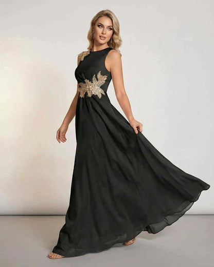 Black Chiffon A-Line Round Neck Sleeveless Maxi Dress | Prom, Guest of Wedding & Brunch, side view | Ramblion | SKU: CMD-58421-black-L-7195-1123,CMD-58421-black-M-5707-4149,CMD-58421-black-S-7031-4965,CMD-58421-black-XL-5859-2249,CMD-58421-black-XS-9994-9748