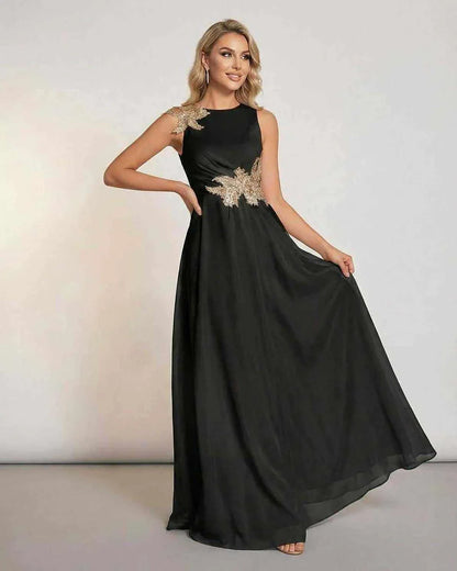 Black Chiffon A-Line Round Neck Sleeveless Maxi Dress | Prom, Guest of Wedding & Brunch, front view | Ramblion | SKU: CMD-58421-black-L-7195-1123,CMD-58421-black-M-5707-4149,CMD-58421-black-S-7031-4965,CMD-58421-black-XL-5859-2249,CMD-58421-black-XS-9994-9748