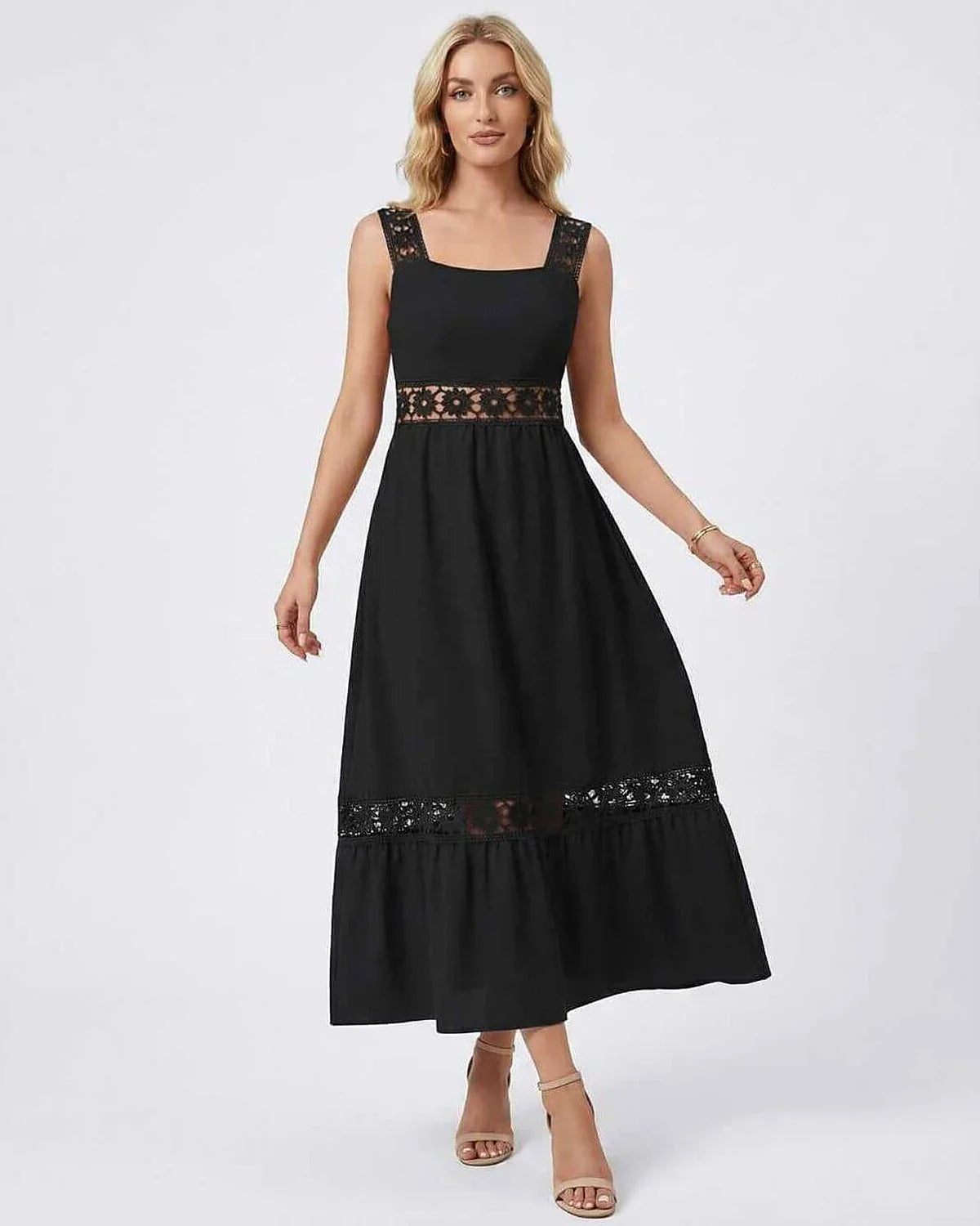 Black Cotton A-line Square Neck Sleeveless Midi Dress | Prom, Evening Parties, Daily Wear & Casual Wear, front view | Ramblio | SKU: CMD-591273846-black-L-2278,CMD-591273846-black-M-9881,CMD-591273846-black-S-1911,CMD-591273846-black-XL-8902,CMD-591273846-black-XS-7584