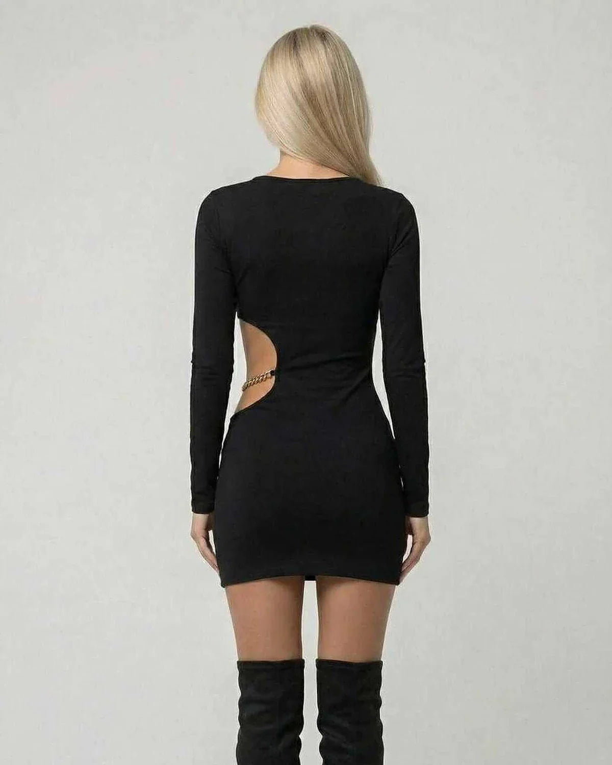 Black Cotton Bodycon Round Neck Long Sleeve Mini Dress | Black-Tie Events & Cocktail Hour, back view | Ramblion | SKU: NMD-48291-black-L-9610,NMD-48291-black-M-2090,NMD-48291-black-S-344,NMD-48291-black-XL-8719,NMD-48291-black-XS-4588