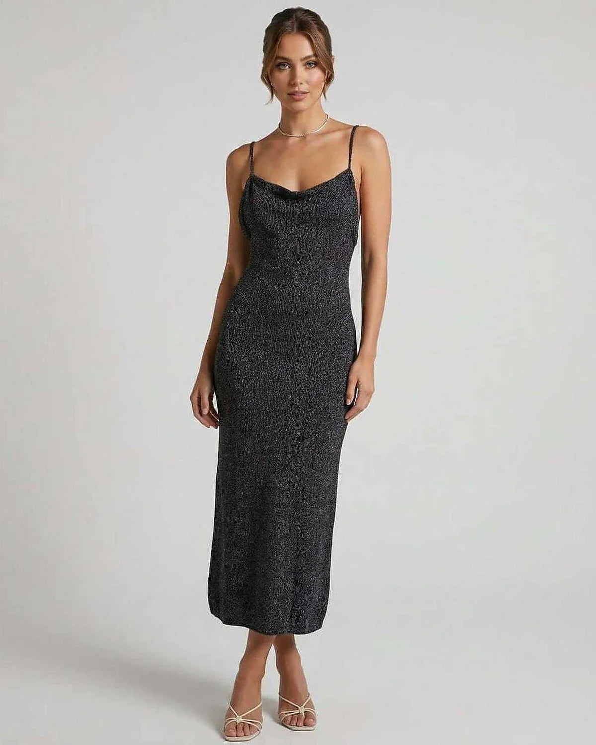 Black Cotton Bodycon Round Neck Sleeveless Midi Dress | Weddings, front view | Ramblion | SKU: SMD-935714682-black-L-4776,SMD-935714682-black-M-9299,SMD-935714682-black-S-3703,SMD-935714682-black-XL-9235,SMD-935714682-black-XS-6298