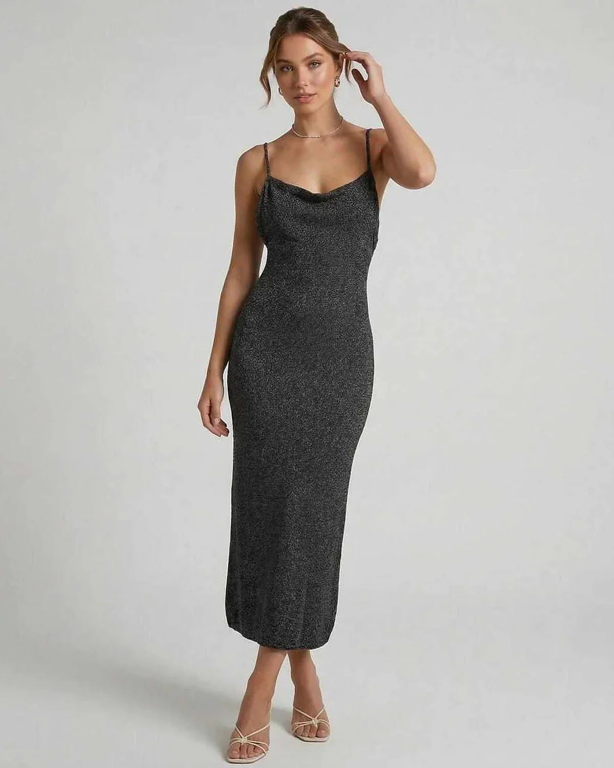 Black Cotton Bodycon Round Neck Sleeveless Midi Dress | Weddings, front view | Ramblion | SKU: SMD-935714682-black-L-4776,SMD-935714682-black-M-9299,SMD-935714682-black-S-3703,SMD-935714682-black-XL-9235,SMD-935714682-black-XS-6298