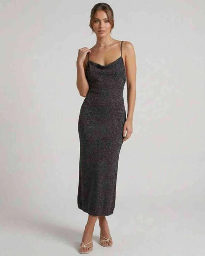 Black Cotton Bodycon Round Neck Sleeveless Midi Dress | Weddings, front view | Ramblion | SKU: SMD-935714682-black-L-4776,SMD-935714682-black-M-9299,SMD-935714682-black-S-3703,SMD-935714682-black-XL-9235,SMD-935714682-black-XS-6298