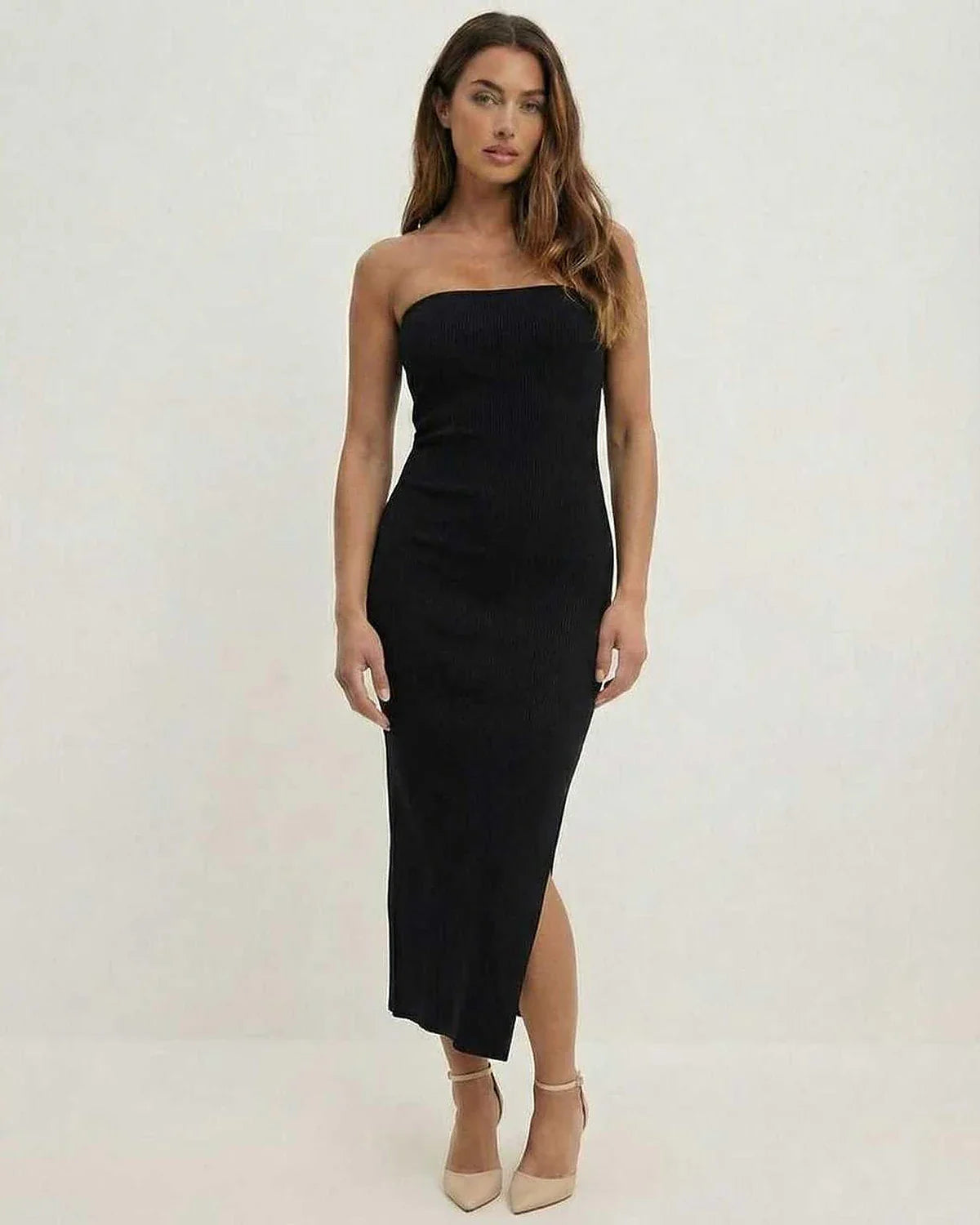 Black Cotton Bodycon Strapless Midi Dress | Gala Nights, Celebrations & Weekend Wear, front view | Ramblion | SKU: NMD-384290715-black-L-1347,NMD-384290715-black-M-8567,NMD-384290715-black-S-6377,NMD-384290715-black-XL-2800,NMD-384290715-black-XS-983