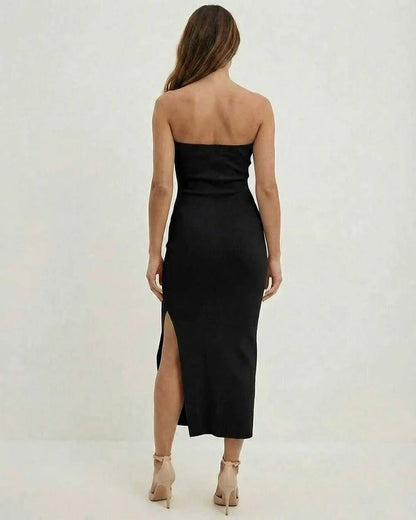 Black Cotton Bodycon Strapless Midi Dress | Gala Nights, Celebrations & Weekend Wear, back view | Ramblion | SKU: NMD-384290715-black-L-1347,NMD-384290715-black-M-8567,NMD-384290715-black-S-6377,NMD-384290715-black-XL-2800,NMD-384290715-black-XS-983