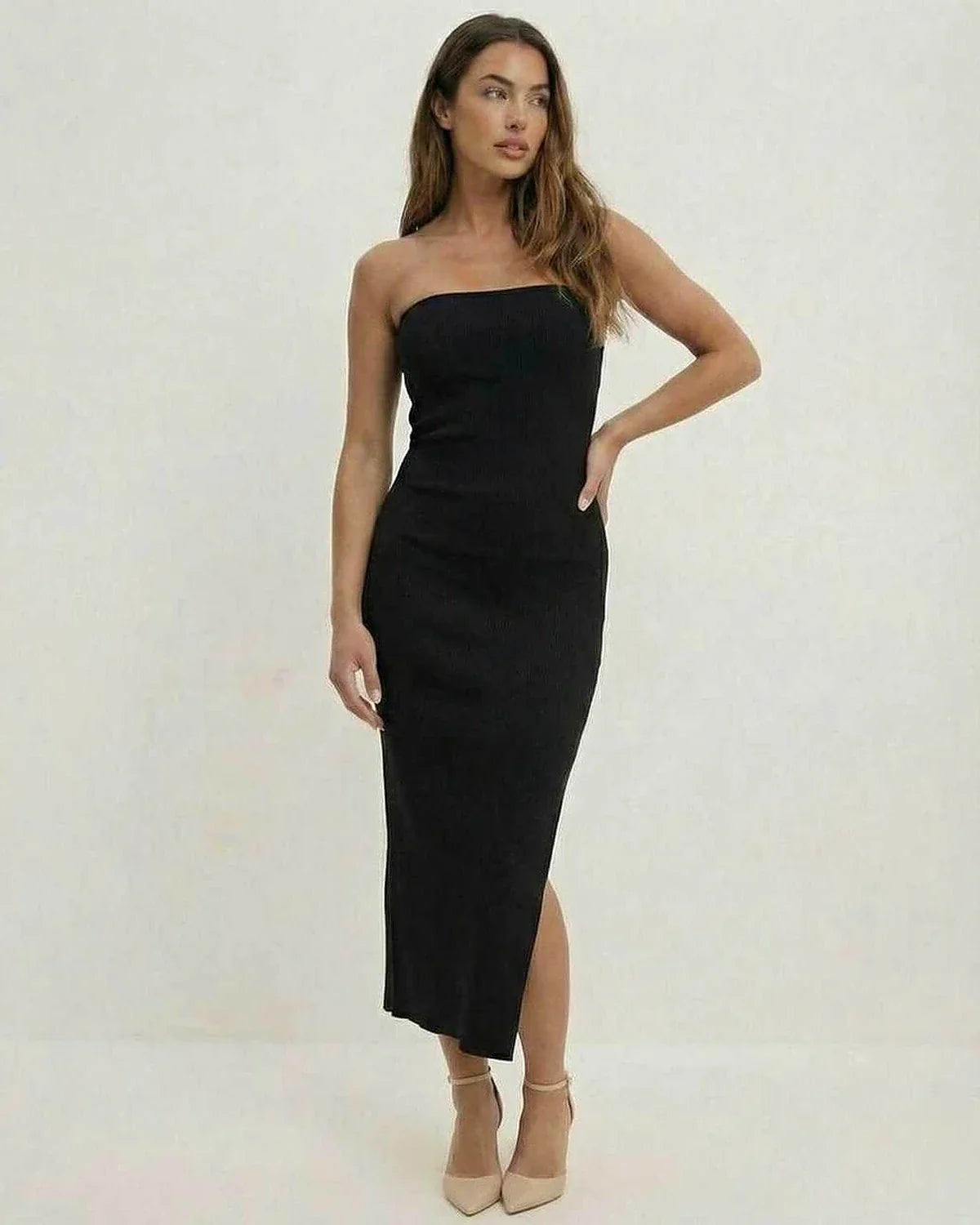 Black Cotton Bodycon Strapless Midi Dress | Gala Nights, Celebrations & Weekend Wear, front view | Ramblion | SKU: NMD-384290715-black-L-1347,NMD-384290715-black-M-8567,NMD-384290715-black-S-6377,NMD-384290715-black-XL-2800,NMD-384290715-black-XS-983
