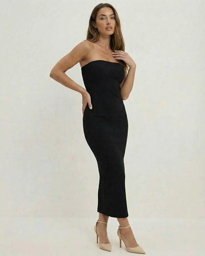Black Cotton Bodycon Strapless Midi Dress | Gala Nights, Celebrations & Weekend Wear, front view | Ramblion | SKU: NMD-384290715-black-L-1347,NMD-384290715-black-M-8567,NMD-384290715-black-S-6377,NMD-384290715-black-XL-2800,NMD-384290715-black-XS-983