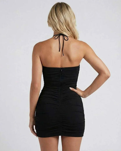 Black Cotton Gown Halter Sleeveless Mini Dress | Black-Tie Events, Party Nights, Daily Wear & Casual Wear, back view | Rambli | SKU: NMD-473829105-black-L-6385,NMD-473829105-black-M-552,NMD-473829105-black-S-5998,NMD-473829105-black-XL-5203,NMD-473829105-black-XS-9400