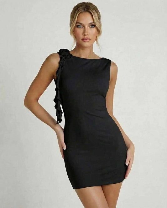 Black Gown Round Neck Sleeveless Mini Dress | Prom, Party Nights & Day-to-Night, front view | Ramblion