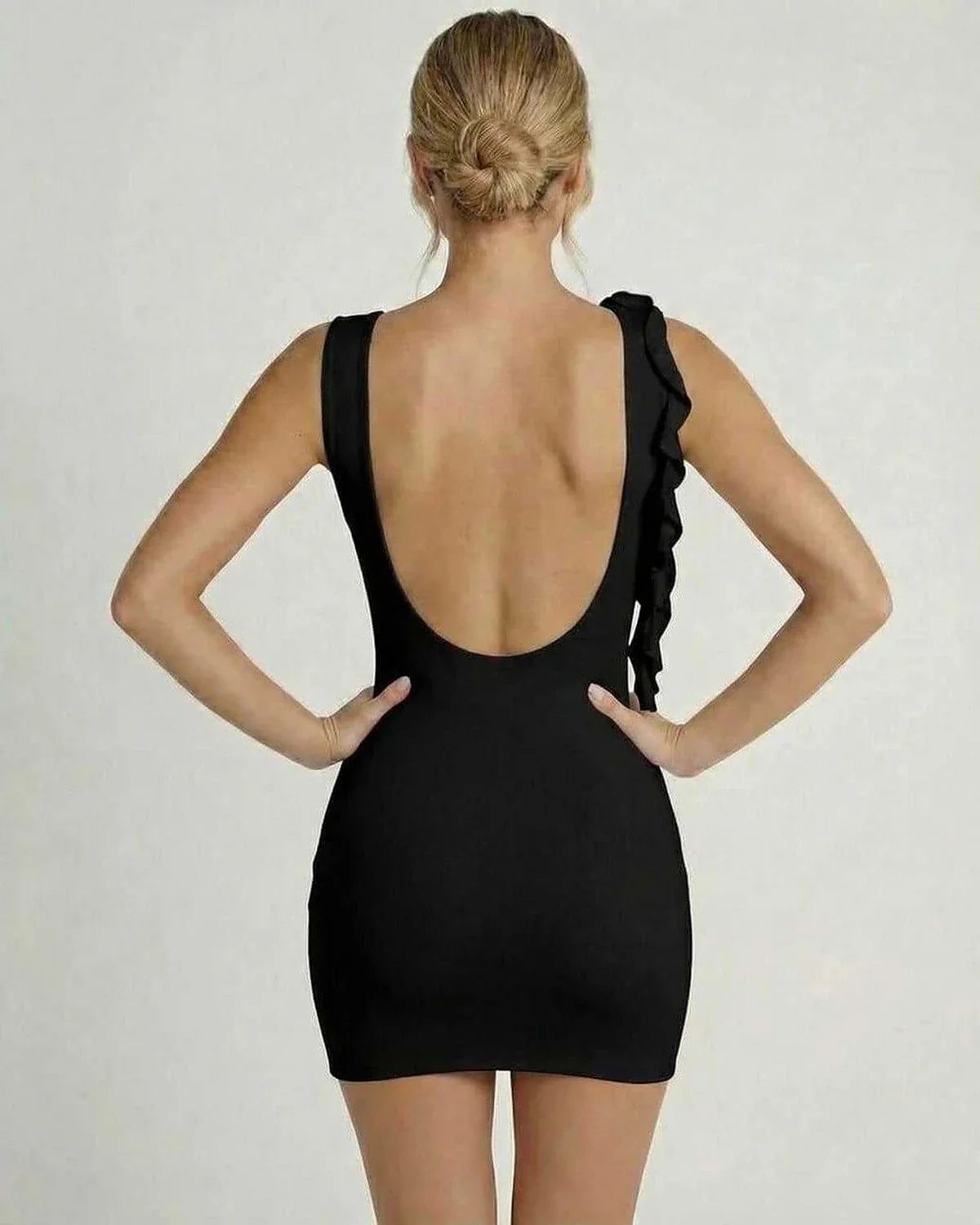 Black Gown Round Neck Sleeveless Mini Dress | Prom, Party Nights & Day-to-Night, back view | Ramblion | SKU: NMD-382910476-black-L-8116,NMD-382910476-black-M-3364,NMD-382910476-black-S-4086,NMD-382910476-black-XL-6266,NMD-382910476-black-XS-3618