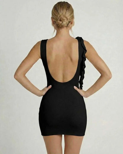 Black Gown Round Neck Sleeveless Mini Dress | Prom, Party Nights & Day-to-Night, back view | Ramblion | SKU: NMD-382910476-black-L-8116,NMD-382910476-black-M-3364,NMD-382910476-black-S-4086,NMD-382910476-black-XL-6266,NMD-382910476-black-XS-3618
