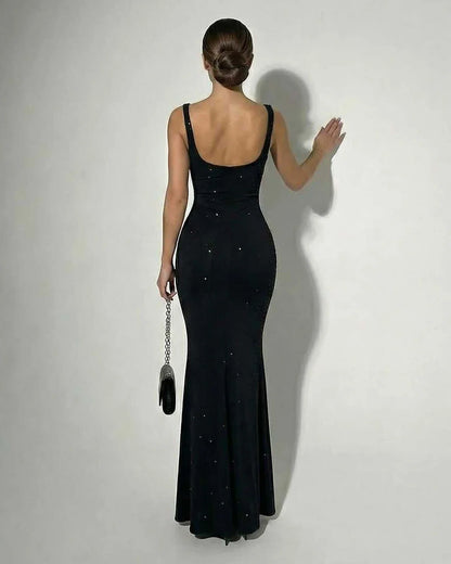Black Gown Square Neck Sleeveless Maxi Dress | Prom & Cocktail Parties, back view | Ramblion | SKU: CMD-38127-black-L-748,CMD-38127-black-M-2592,CMD-38127-black-S-8991,CMD-38127-black-XL-5639,CMD-38127-black-XS-1176