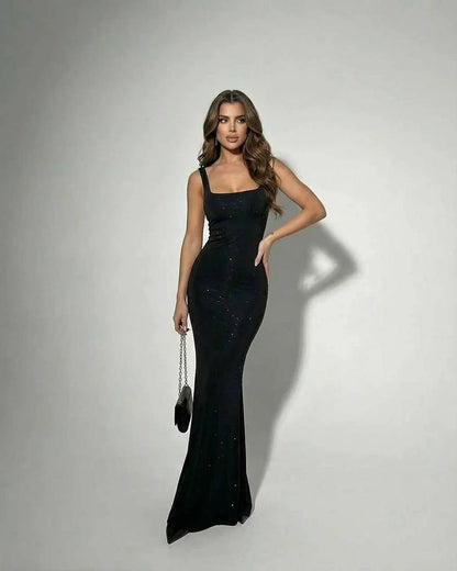 Black Gown Square Neck Sleeveless Maxi Dress | Prom & Cocktail Parties, front view | Ramblion | SKU: CMD-38127-black-L-748,CMD-38127-black-M-2592,CMD-38127-black-S-8991,CMD-38127-black-XL-5639,CMD-38127-black-XS-1176
