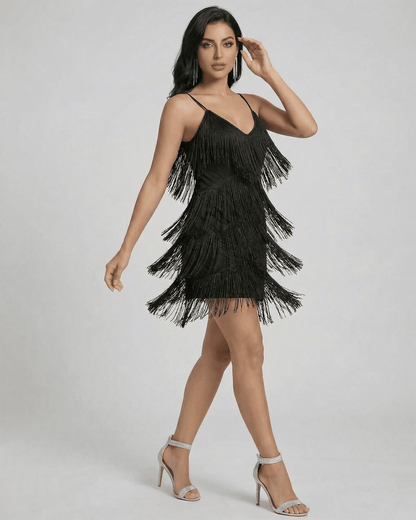 Lamé Mini Dress by RAMBLION, black with fringe, V-neck, perfect for evening outings.