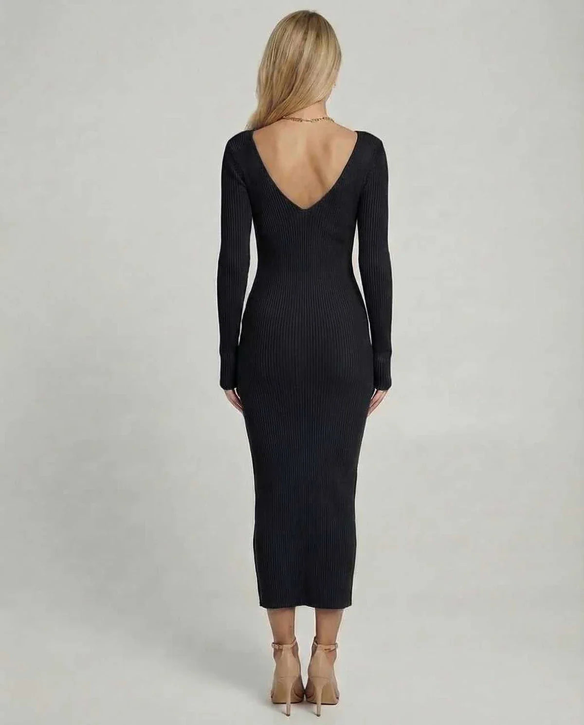 Black Linen Bodycon V-Neck Long Sleeve Midi Dress | Party Nights & Guest of Wedding, back view | Ramblion | SKU: NMD-928374650-black-L-3287,NMD-928374650-black-M-4156,NMD-928374650-black-S-4938,NMD-928374650-black-XL-2160,NMD-928374650-black-XS-8386