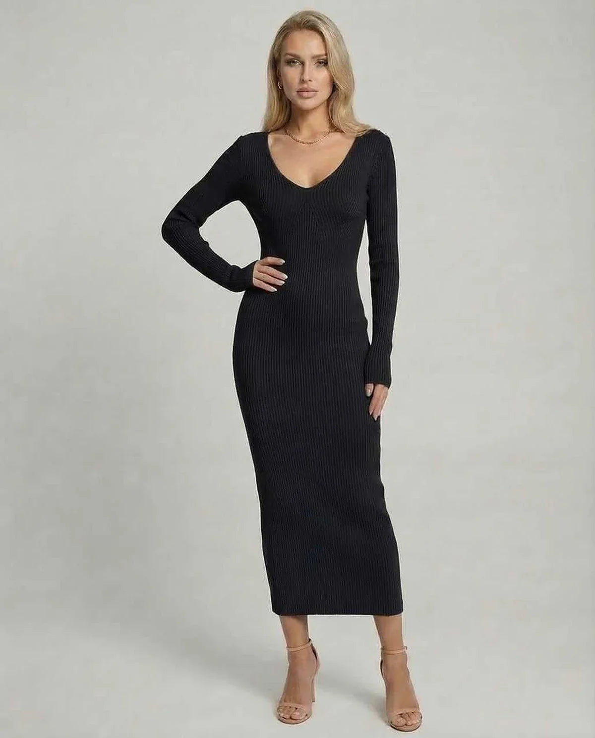 Black Linen Bodycon V-Neck Long Sleeve Midi Dress | Party Nights & Guest of Wedding, front view | Ramblion | SKU: NMD-928374650-black-L-3287,NMD-928374650-black-M-4156,NMD-928374650-black-S-4938,NMD-928374650-black-XL-2160,NMD-928374650-black-XS-8386