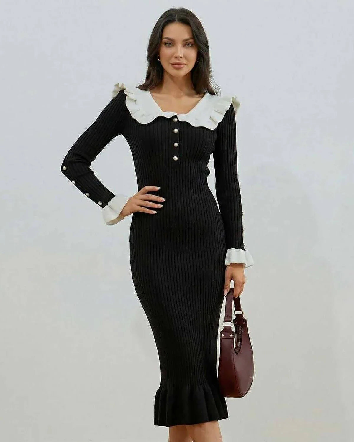Black Mermaid Round Neck Long Sleeve Midi Dress | Prom, Evening Parties & Bridal Showers, front view | Ramblion | SKU: VMD-48271-black-L-7308,VMD-48271-black-M-9184,VMD-48271-black-S-7179,VMD-48271-black-XL-4450,VMD-48271-black-XS-6233