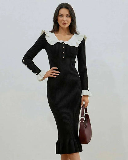 Black Mermaid Round Neck Long Sleeve Midi Dress | Prom, Evening Parties & Bridal Showers, front view | Ramblion | SKU: VMD-48271-black-L-7308,VMD-48271-black-M-9184,VMD-48271-black-S-7179,VMD-48271-black-XL-4450,VMD-48271-black-XS-6233