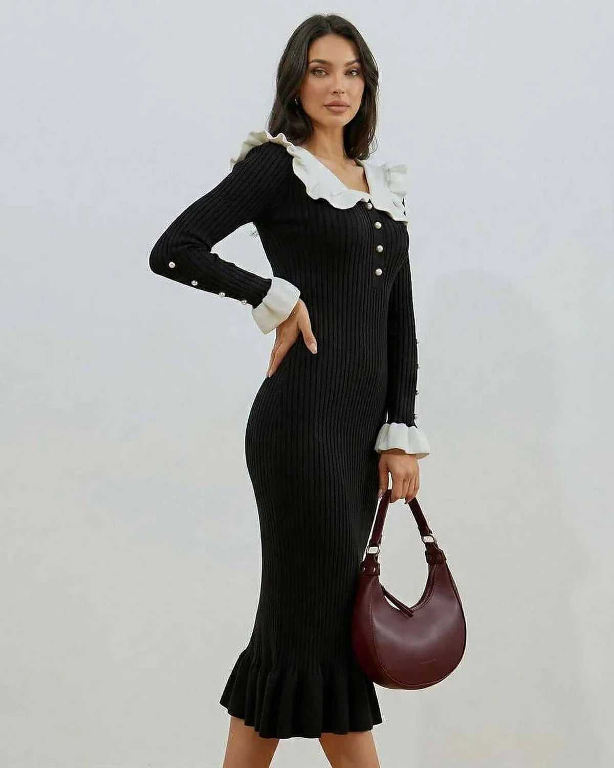Black Mermaid Round Neck Long Sleeve Midi Dress | Prom, Evening Parties & Bridal Showers, side view | Ramblion | SKU: VMD-48271-black-L-7308,VMD-48271-black-M-9184,VMD-48271-black-S-7179,VMD-48271-black-XL-4450,VMD-48271-black-XS-6233