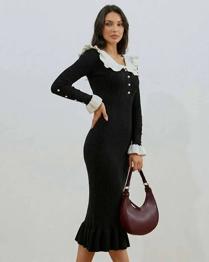 Black Mermaid Round Neck Long Sleeve Midi Dress | Prom, Evening Parties & Bridal Showers, side view | Ramblion | SKU: VMD-48271-black-L-7308,VMD-48271-black-M-9184,VMD-48271-black-S-7179,VMD-48271-black-XL-4450,VMD-48271-black-XS-6233