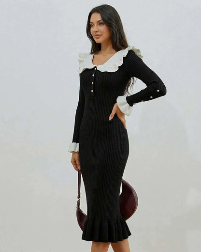 Black Mermaid Round Neck Long Sleeve Midi Dress | Prom, Evening Parties & Bridal Showers, side view | Ramblion | SKU: VMD-48271-black-L-7308,VMD-48271-black-M-9184,VMD-48271-black-S-7179,VMD-48271-black-XL-4450,VMD-48271-black-XS-6233