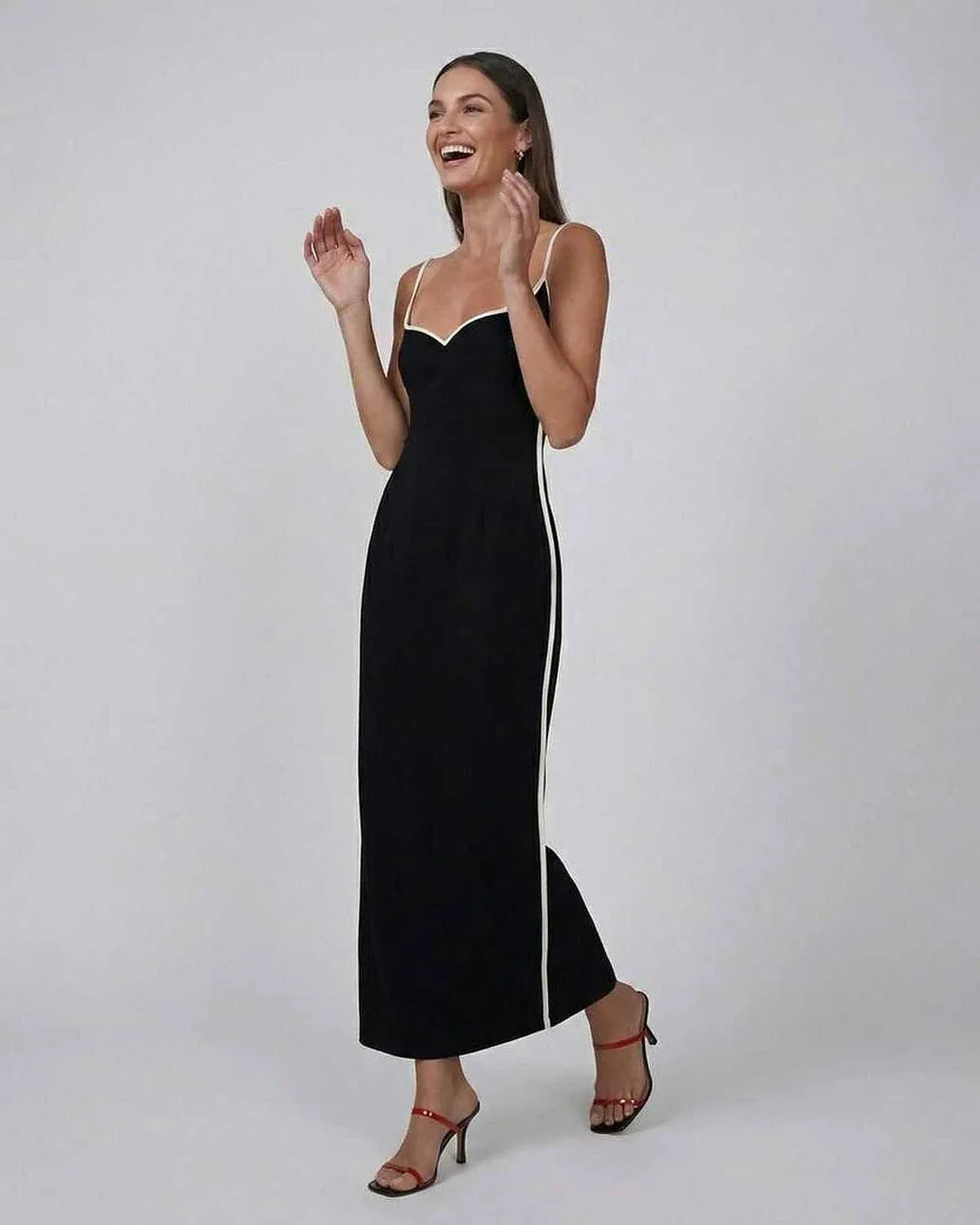Black Mesh Sheath Sweetheart Spaghetti Strap Midi Dress | Formal Events & Cocktail Hour, side view | Ramblion | SKU: OMD-47285-black-L-6521,OMD-47285-black-M-6750,OMD-47285-black-S-9871,OMD-47285-black-XL-4205,OMD-47285-black-XS-2023
